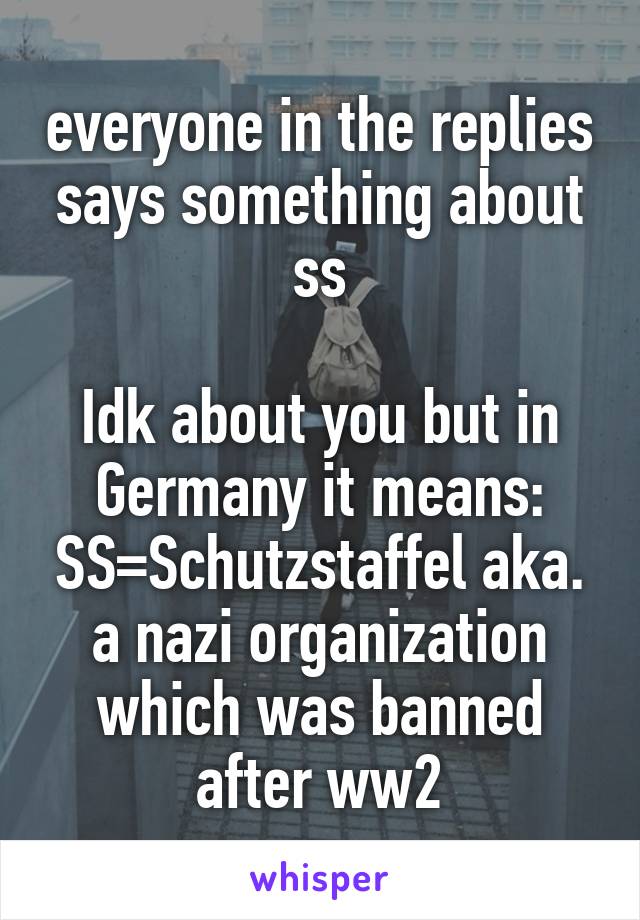 everyone in the replies says something about ss

Idk about you but in Germany it means: SS=Schutzstaffel aka. a nazi organization which was banned after ww2