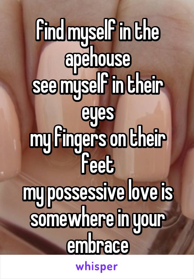 find myself in the apehouse
see myself in their eyes
my fingers on their feet
my possessive love is somewhere in your embrace