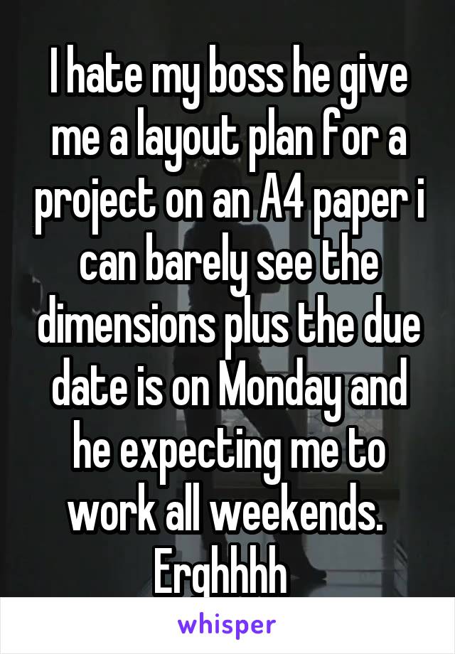 I hate my boss he give me a layout plan for a project on an A4 paper i can barely see the dimensions plus the due date is on Monday and he expecting me to work all weekends. 
Erghhhh  