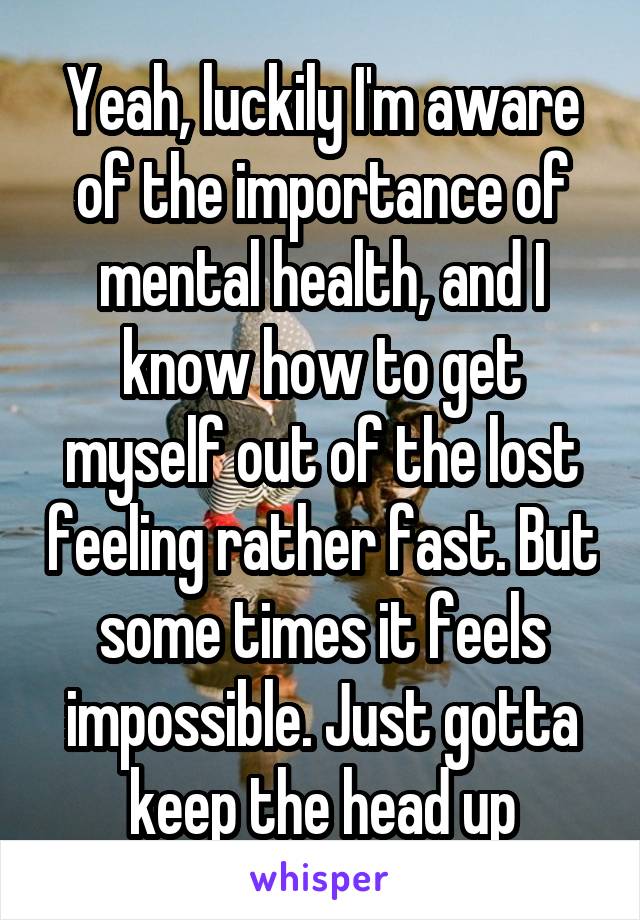 Yeah, luckily I'm aware of the importance of mental health, and I know how to get myself out of the lost feeling rather fast. But some times it feels impossible. Just gotta keep the head up