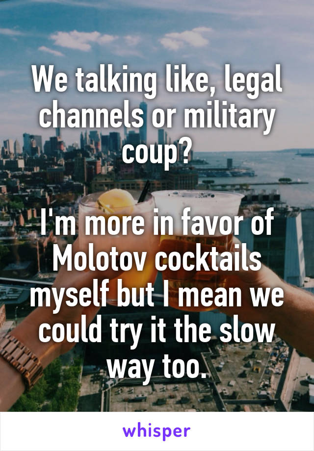 We talking like, legal channels or military coup?

I'm more in favor of Molotov cocktails myself but I mean we could try it the slow way too.