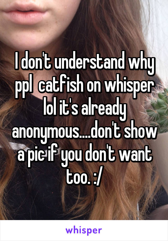 I don't understand why ppl  catfish on whisper lol it's already anonymous....don't show a pic if you don't want too. :/