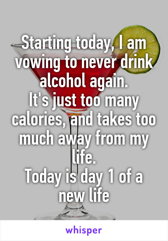 Starting today, I am vowing to never drink alcohol again.
It's just too many calories, and takes too much away from my life.
Today is day 1 of a new life