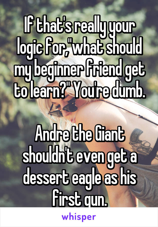 If that's really your logic for,"what should my beginner friend get to learn?" You're dumb.

Andre the Giant shouldn't even get a dessert eagle as his first gun.