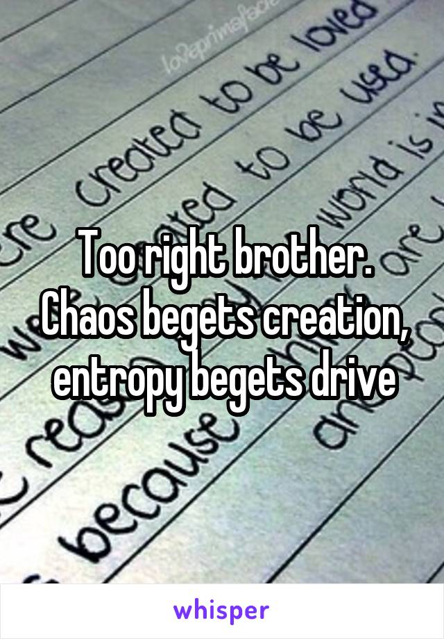 Too right brother. Chaos begets creation, entropy begets drive