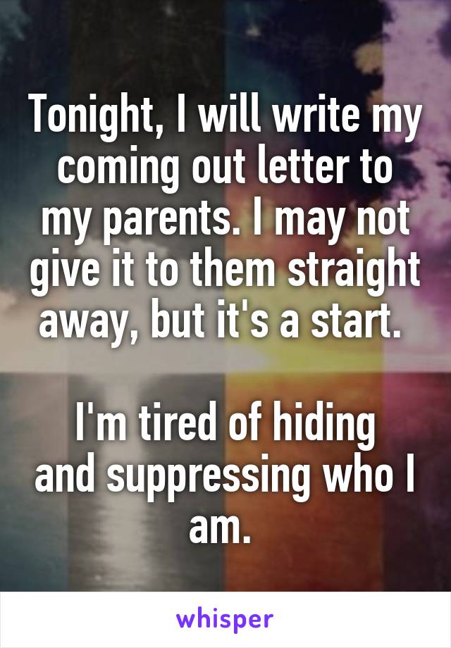 Tonight, I will write my coming out letter to my parents. I may not give it to them straight away, but it's a start. 

I'm tired of hiding and suppressing who I am. 