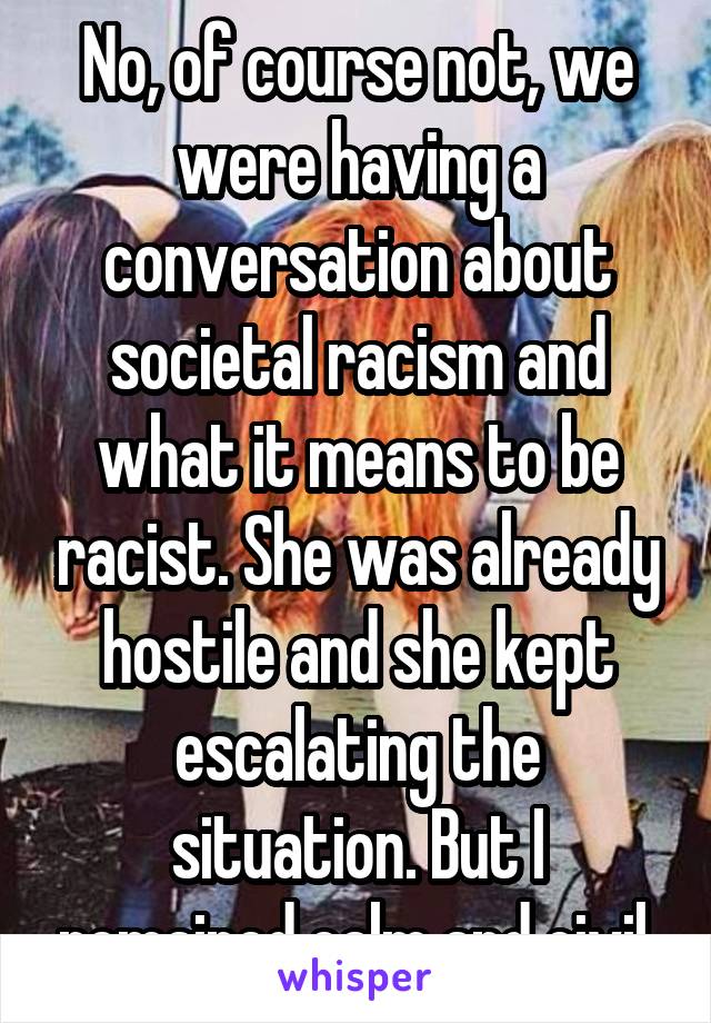 No, of course not, we were having a conversation about societal racism and what it means to be racist. She was already hostile and she kept escalating the situation. But I remained calm and civil.