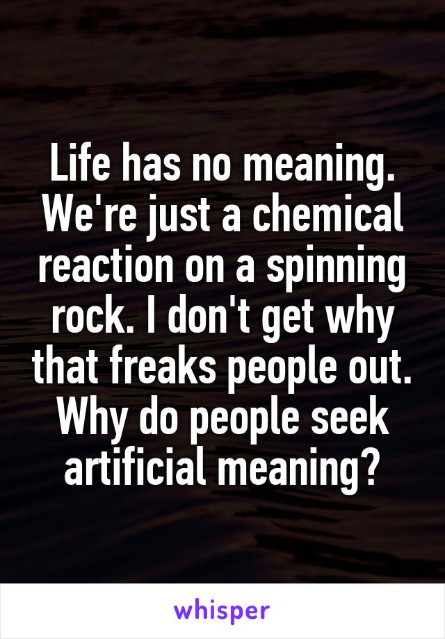 Life has no meaning. We're just a chemical reaction on a spinning rock. I don't get why that freaks people out. Why do people seek artificial meaning?