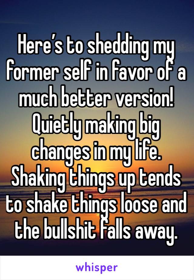 Here’s to shedding my former self in favor of a much better version! Quietly making big changes in my life. Shaking things up tends to shake things loose and the bullshit falls away.