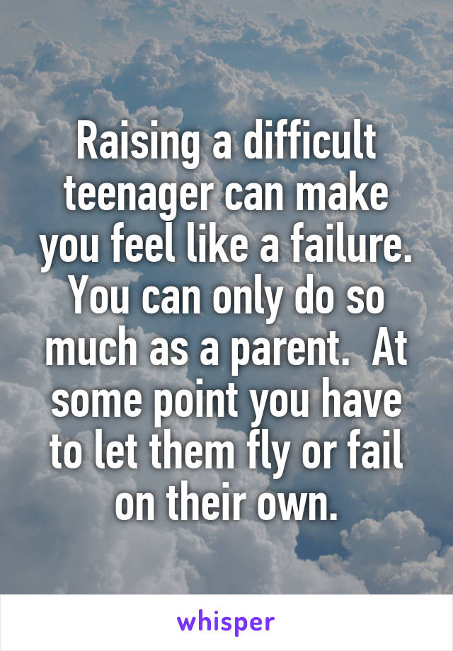 Raising a difficult teenager can make you feel like a failure.
You can only do so much as a parent.  At some point you have to let them fly or fail on their own.