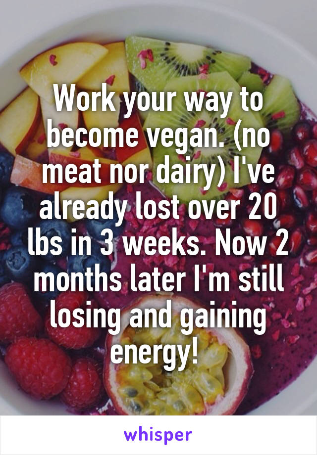 Work your way to become vegan. (no meat nor dairy) I've already lost over 20 lbs in 3 weeks. Now 2 months later I'm still losing and gaining energy! 