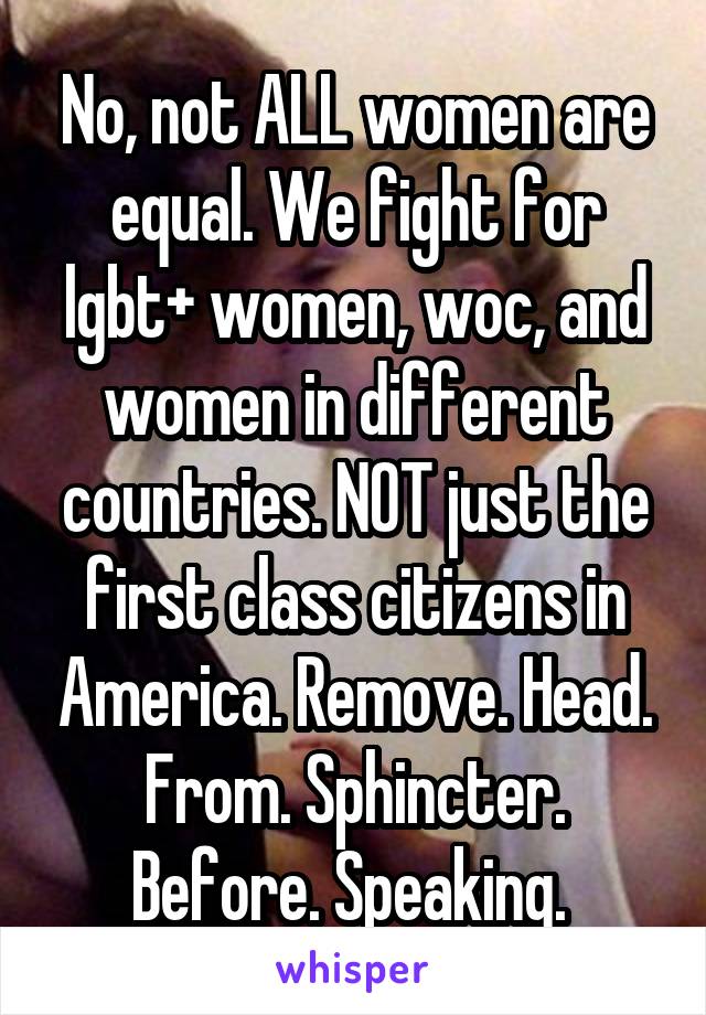 No, not ALL women are equal. We fight for lgbt+ women, woc, and women in different countries. NOT just the first class citizens in America. Remove. Head. From. Sphincter. Before. Speaking. 