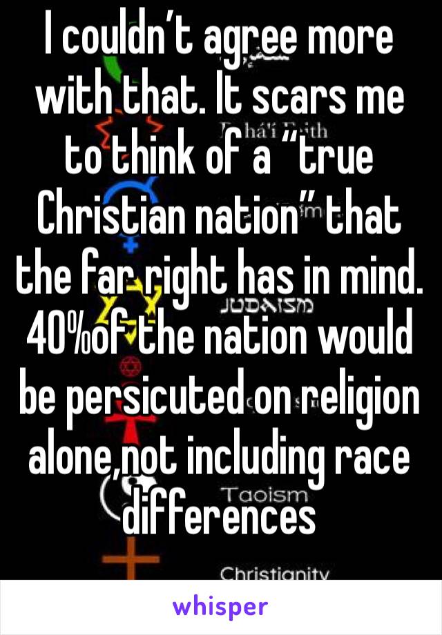 I couldn’t agree more with that. It scars me to think of a “true Christian nation” that the far right has in mind. 40%of the nation would be persicuted on religion alone,not including race differences