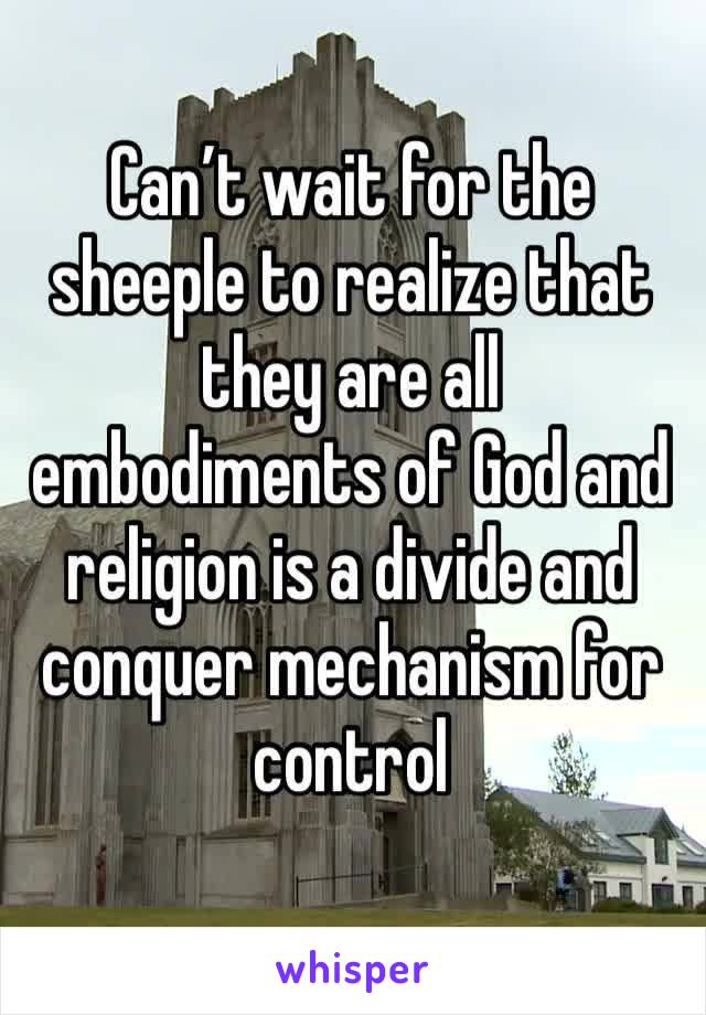 Can’t wait for the sheeple to realize that they are all embodiments of God and religion is a divide and conquer mechanism for control