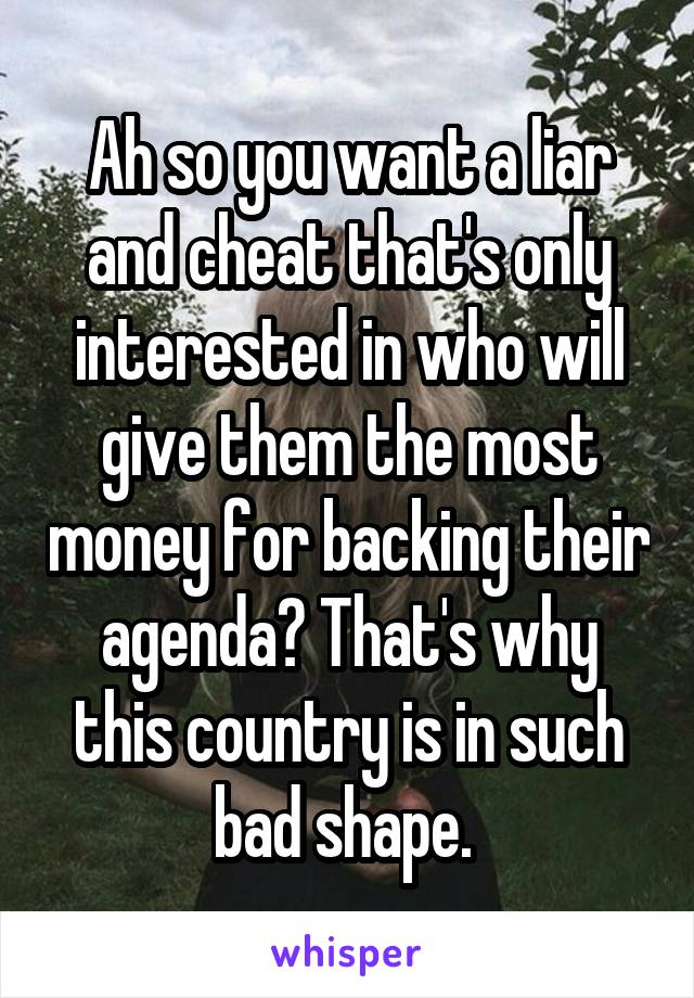 Ah so you want a liar and cheat that's only interested in who will give them the most money for backing their agenda? That's why this country is in such bad shape. 