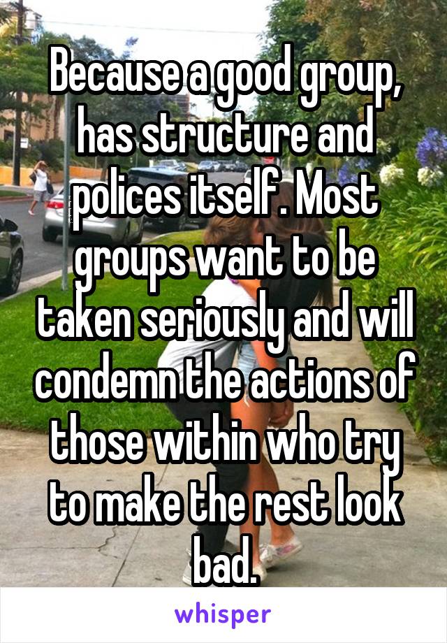 Because a good group, has structure and polices itself. Most groups want to be taken seriously and will condemn the actions of those within who try to make the rest look bad.