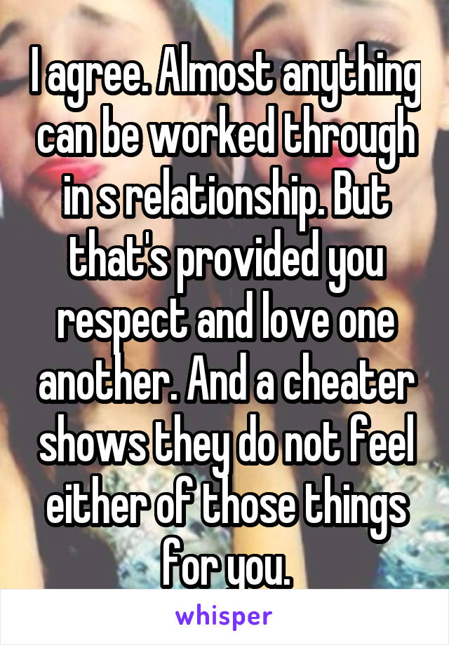 I agree. Almost anything can be worked through in s relationship. But that's provided you respect and love one another. And a cheater shows they do not feel either of those things for you.