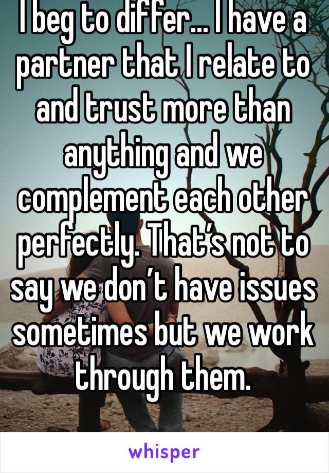 I beg to differ... I have a partner that I relate to and trust more than anything and we complement each other perfectly. That’s not to say we don’t have issues sometimes but we work through them.