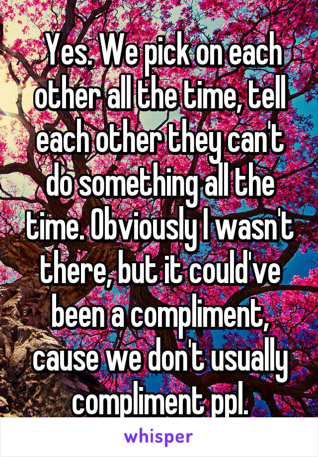  Yes. We pick on each other all the time, tell each other they can't do something all the time. Obviously I wasn't there, but it could've been a compliment, cause we don't usually compliment ppl.