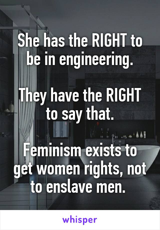 She has the RIGHT to be in engineering.

They have the RIGHT to say that.

Feminism exists to get women rights, not to enslave men. 