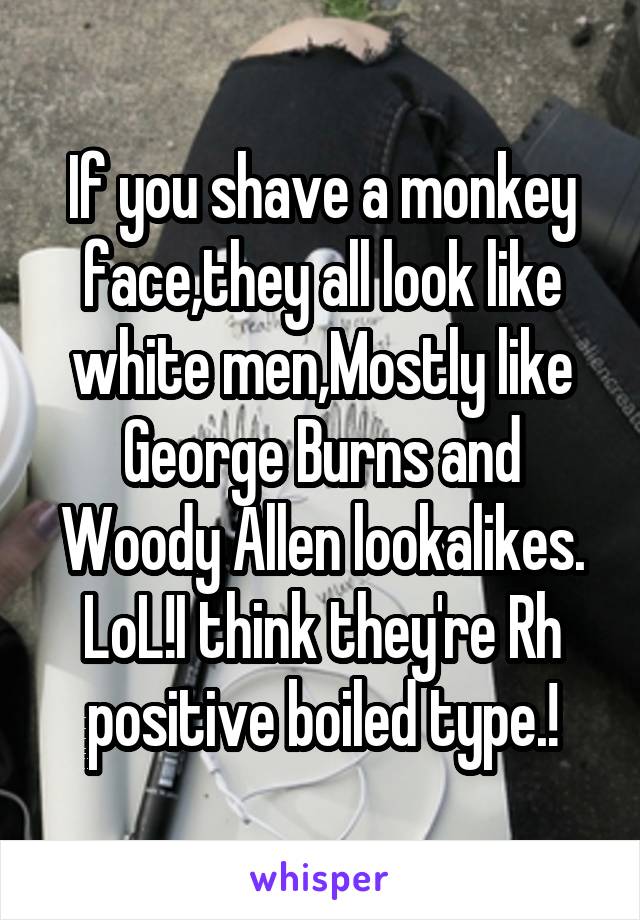 If you shave a monkey face,they all look like white men,Mostly like George Burns and Woody Allen lookalikes. LoL!I think they're Rh positive boiled type.!