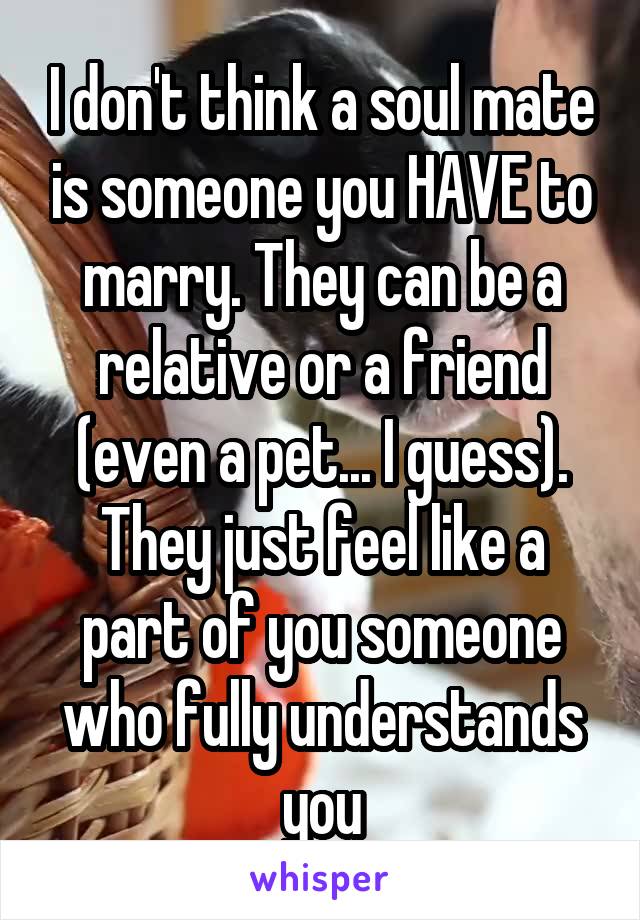 I don't think a soul mate is someone you HAVE to marry. They can be a relative or a friend (even a pet... I guess). They just feel like a part of you someone who fully understands you