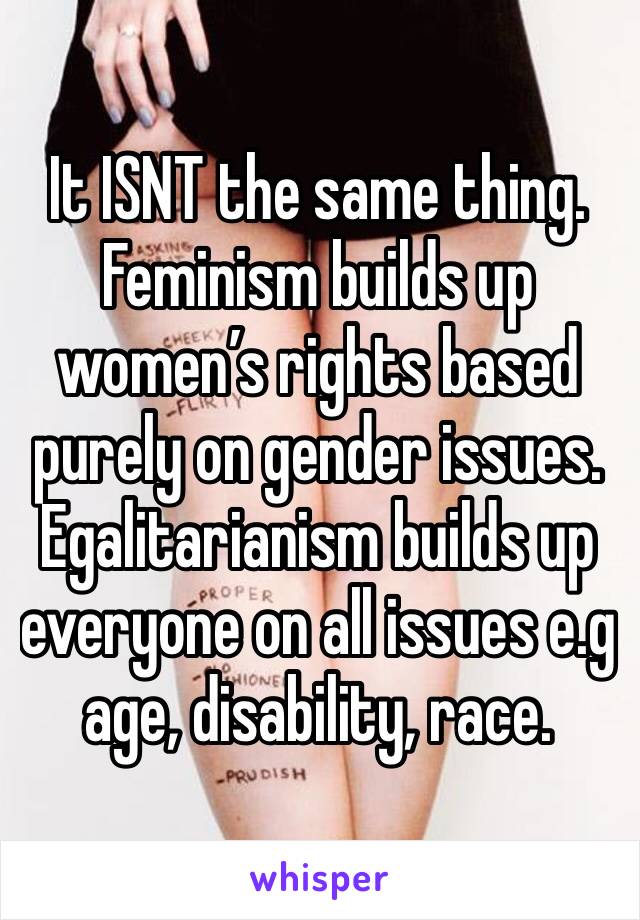 It ISNT the same thing. Feminism builds up women’s rights based purely on gender issues. 
Egalitarianism builds up everyone on all issues e.g age, disability, race. 