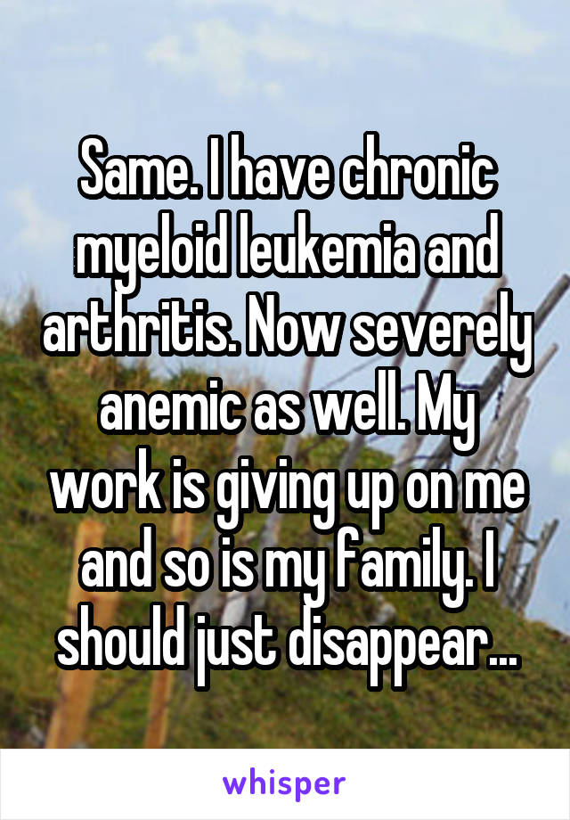 Same. I have chronic myeloid leukemia and arthritis. Now severely anemic as well. My work is giving up on me and so is my family. I should just disappear...