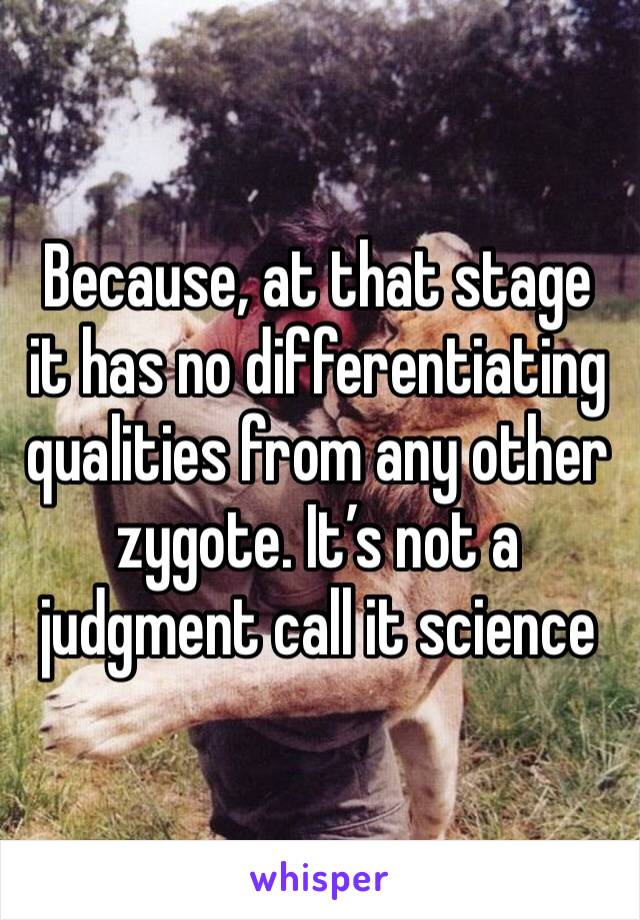 Because, at that stage it has no differentiating qualities from any other zygote. It’s not a judgment call it science