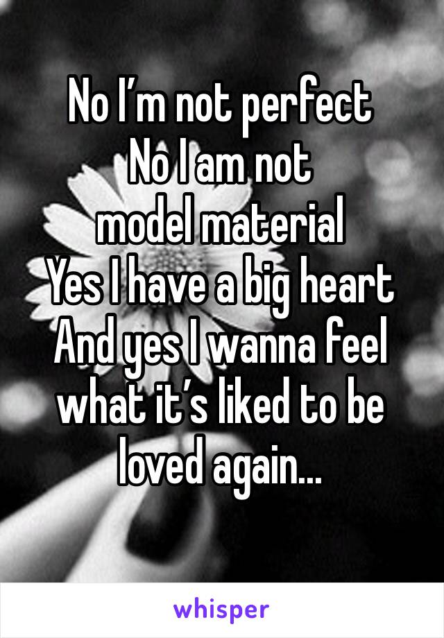 No I’m not perfect
No I am not model material
Yes I have a big heart
And yes I wanna feel what it’s liked to be loved again...
