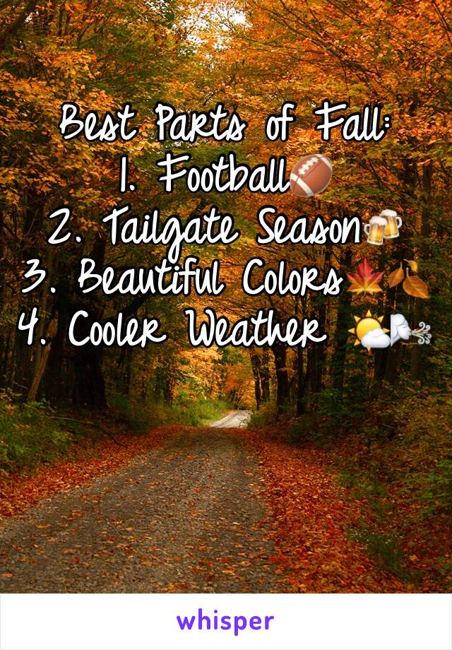 Best Parts of Fall: 
1. Football🏈 
2. Tailgate Season🍻 
3. Beautiful Colors🍁🍂
4. Cooler Weather 🌤🌬