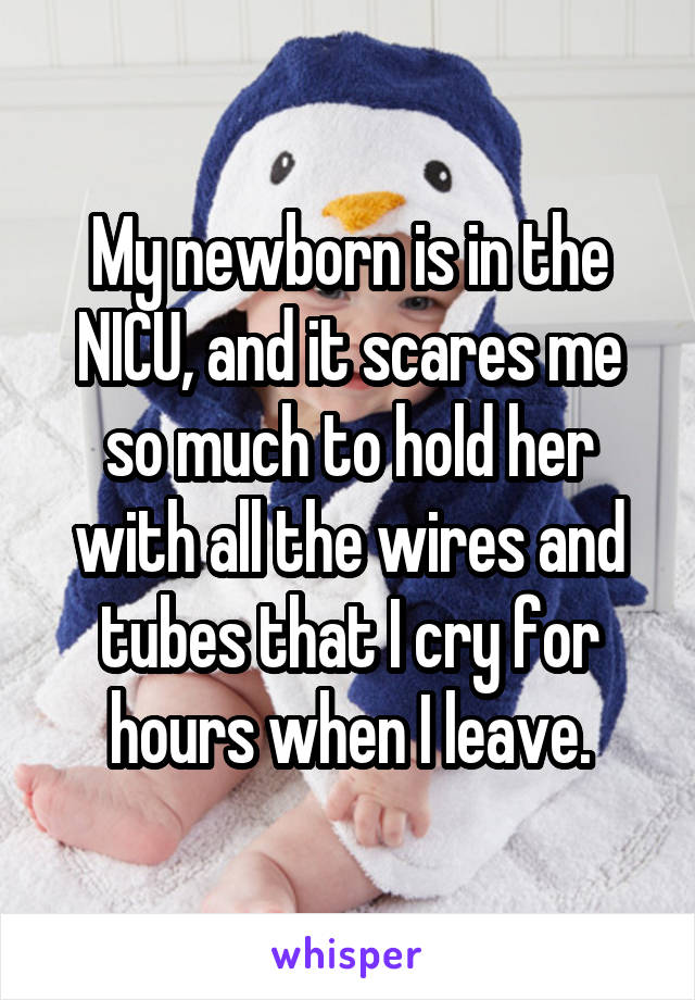My newborn is in the NICU, and it scares me so much to hold her with all the wires and tubes that I cry for hours when I leave.