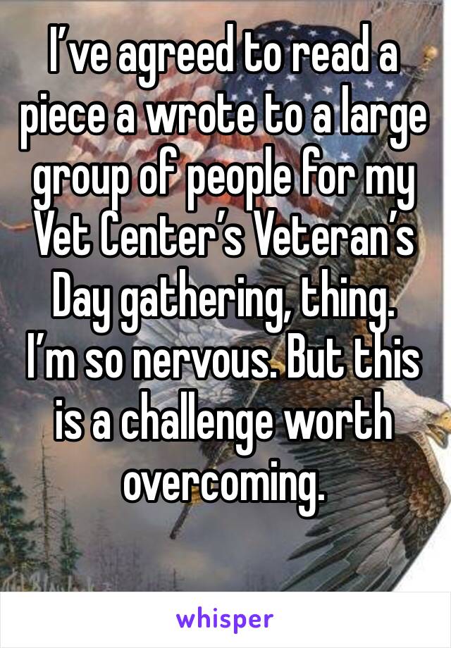 I’ve agreed to read a piece a wrote to a large group of people for my Vet Center’s Veteran’s Day gathering, thing. 
I’m so nervous. But this is a challenge worth overcoming. 