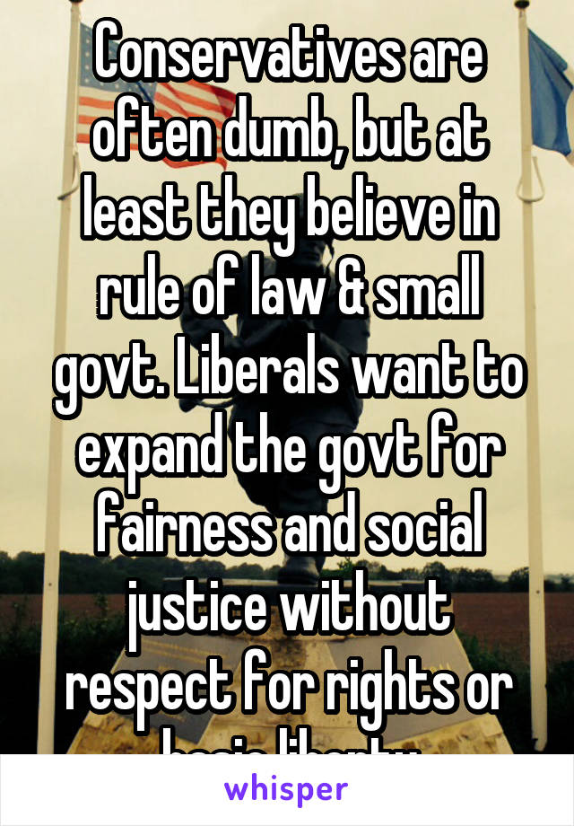 Conservatives are often dumb, but at least they believe in rule of law & small govt. Liberals want to expand the govt for fairness and social justice without respect for rights or basic liberty