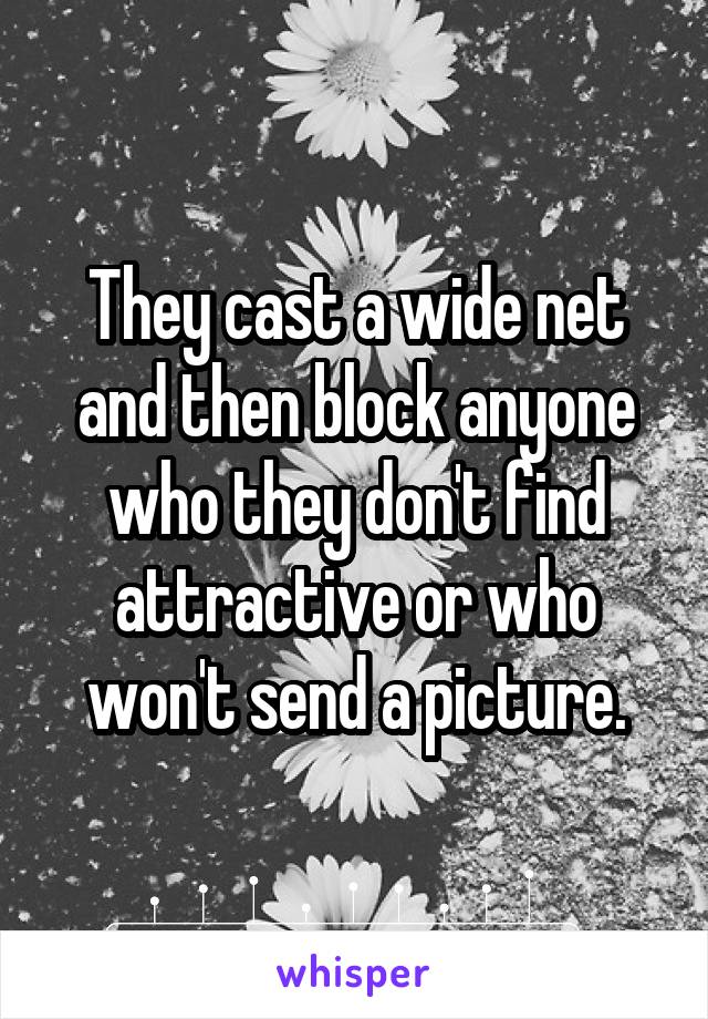They cast a wide net and then block anyone who they don't find attractive or who won't send a picture.