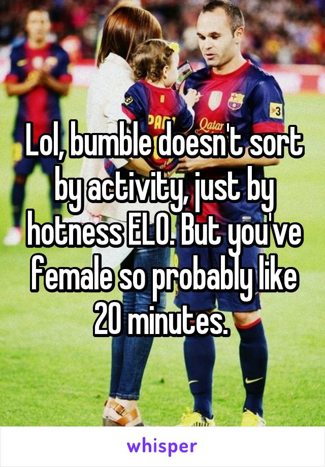 Lol, bumble doesn't sort by activity, just by hotness ELO. But you've female so probably like 20 minutes. 