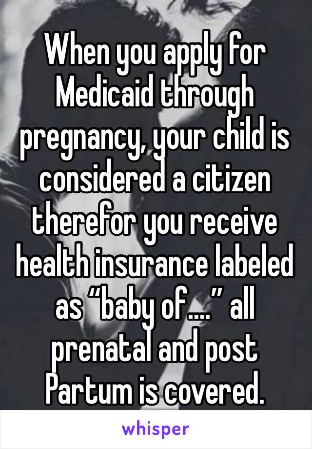 When you apply for Medicaid through pregnancy, your child is considered a citizen therefor you receive health insurance labeled as “baby of....” all prenatal and post Partum is covered. 
