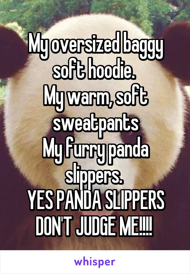 My oversized baggy soft hoodie. 
My warm, soft sweatpants
My furry panda slippers. 
YES PANDA SLIPPERS DON'T JUDGE ME!!!! 