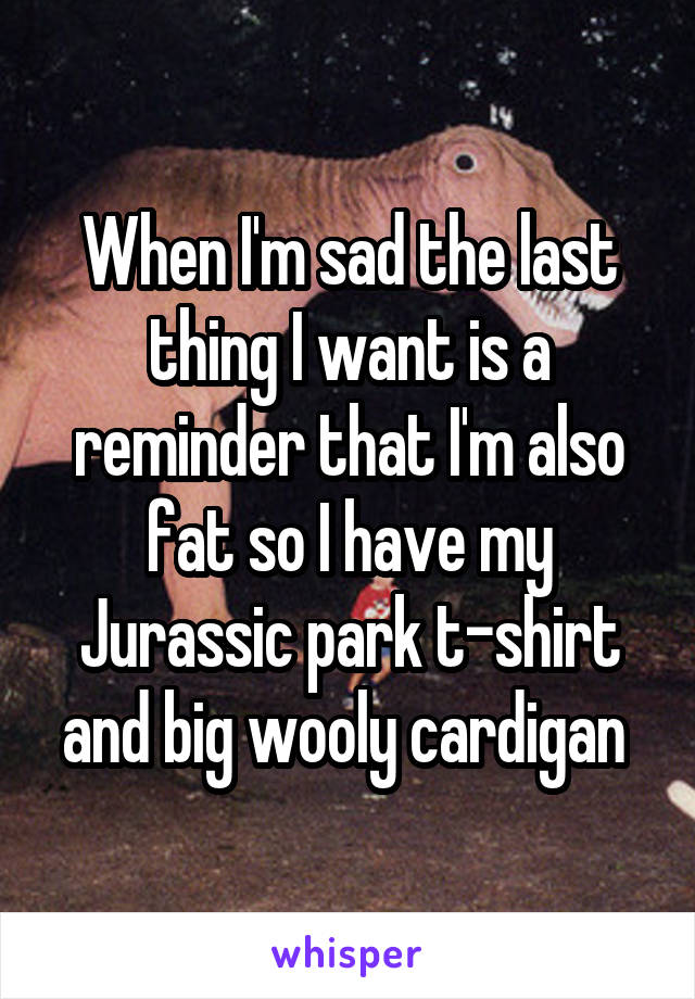 When I'm sad the last thing I want is a reminder that I'm also fat so I have my Jurassic park t-shirt and big wooly cardigan 