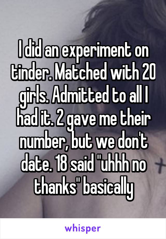 I did an experiment on tinder. Matched with 20 girls. Admitted to all I had it. 2 gave me their number, but we don't date. 18 said "uhhh no thanks" basically