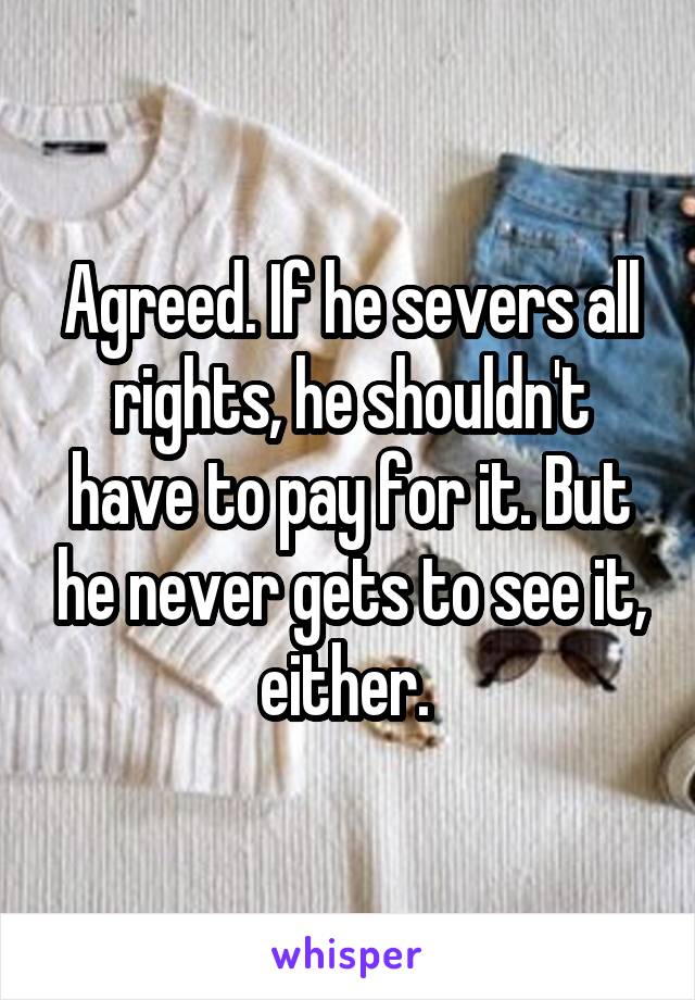 Agreed. If he severs all rights, he shouldn't have to pay for it. But he never gets to see it, either. 