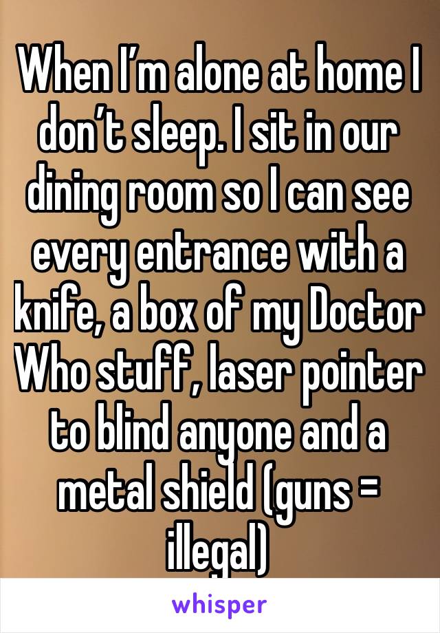 When I’m alone at home I don’t sleep. I sit in our dining room so I can see every entrance with a knife, a box of my Doctor Who stuff, laser pointer to blind anyone and a metal shield (guns = illegal)