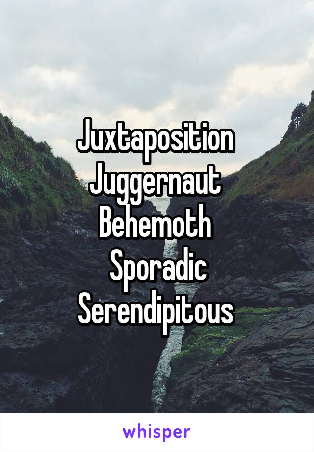 Juxtaposition 
Juggernaut 
Behemoth 
Sporadic
Serendipitous 