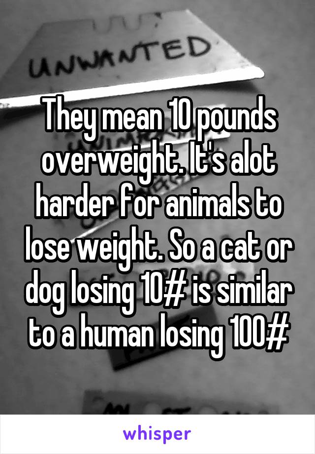 They mean 10 pounds overweight. It's alot harder for animals to lose weight. So a cat or dog losing 10# is similar to a human losing 100#