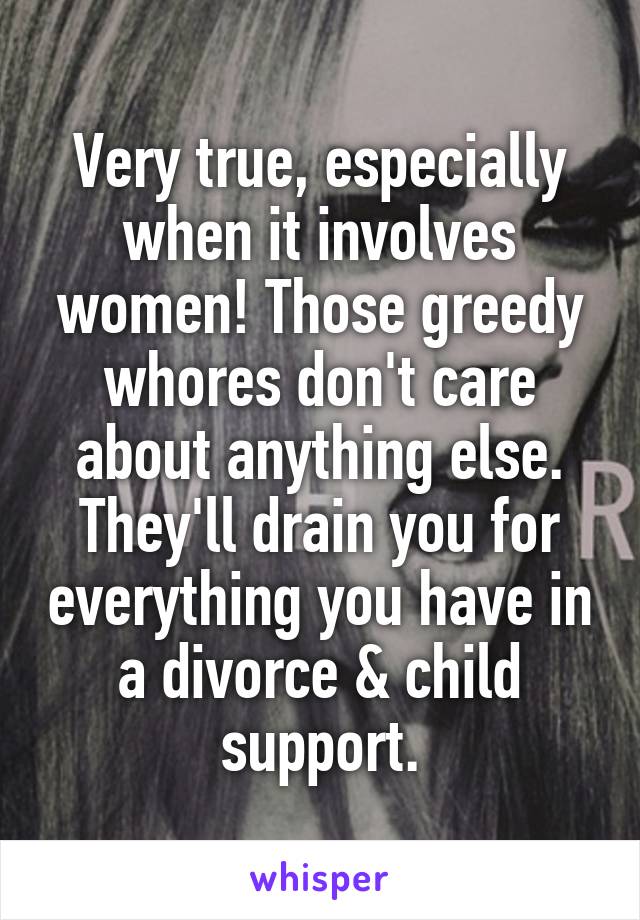 Very true, especially when it involves women! Those greedy whores don't care about anything else.
They'll drain you for everything you have in a divorce & child support.