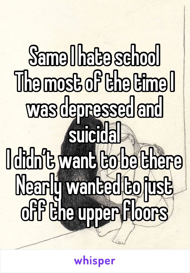 Same I hate school 
The most of the time I was depressed and suicidal 
I didn’t want to be there  
Nearly wanted to just off the upper floors 