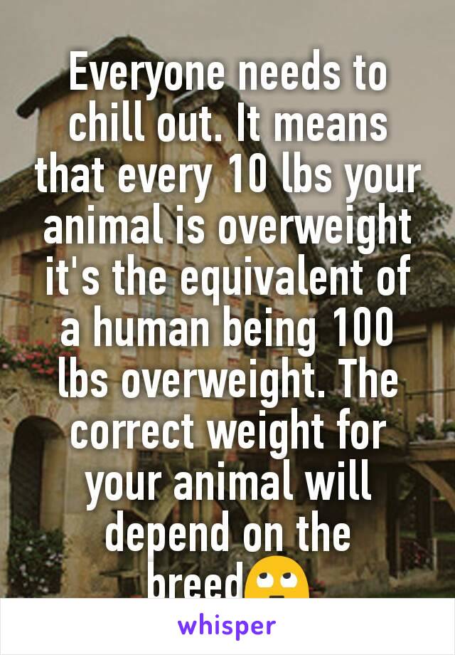 Everyone needs to chill out. It means that every 10 lbs your animal is overweight it's the equivalent of a human being 100 lbs overweight. The correct weight for your animal will depend on the breed🙄