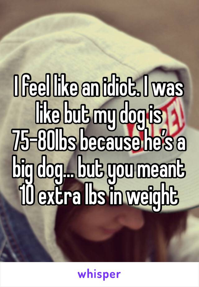 I feel like an idiot. I was like but my dog is 75-80lbs because he’s a big dog... but you meant 10 extra lbs in weight 