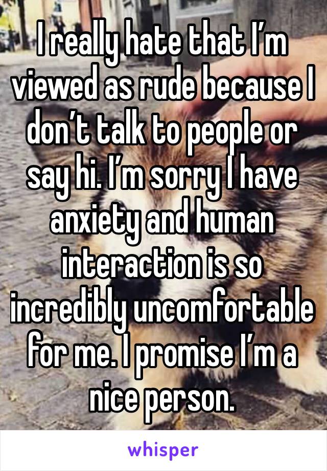 I really hate that I’m viewed as rude because I don’t talk to people or say hi. I’m sorry I have anxiety and human interaction is so incredibly uncomfortable for me. I promise I’m a nice person. 
