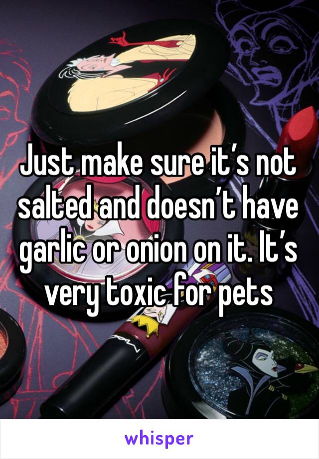 Just make sure it’s not salted and doesn’t have garlic or onion on it. It’s very toxic for pets 
